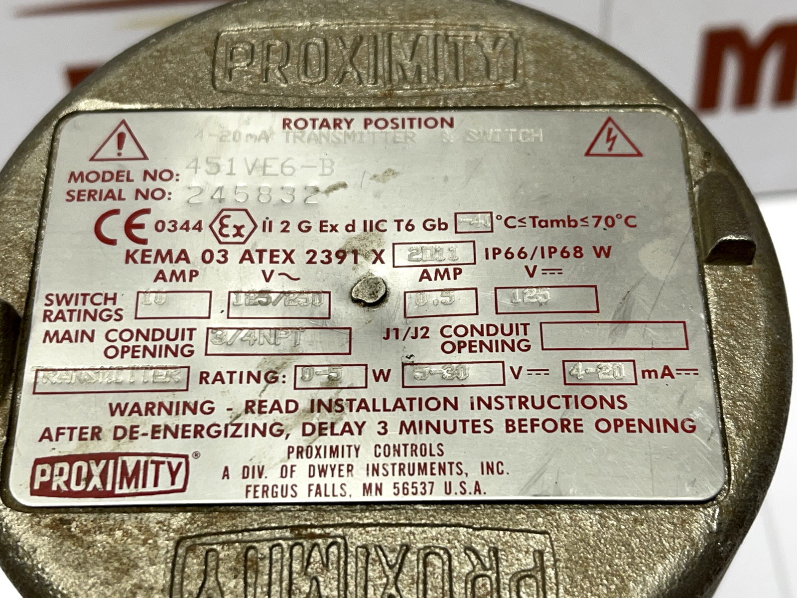 PROXIMITY CONTROLS 451VE6-B MARK 4 THRU SHAFT DRIVE 4-20mA TRANSMITTER & SWITCH - Image 2