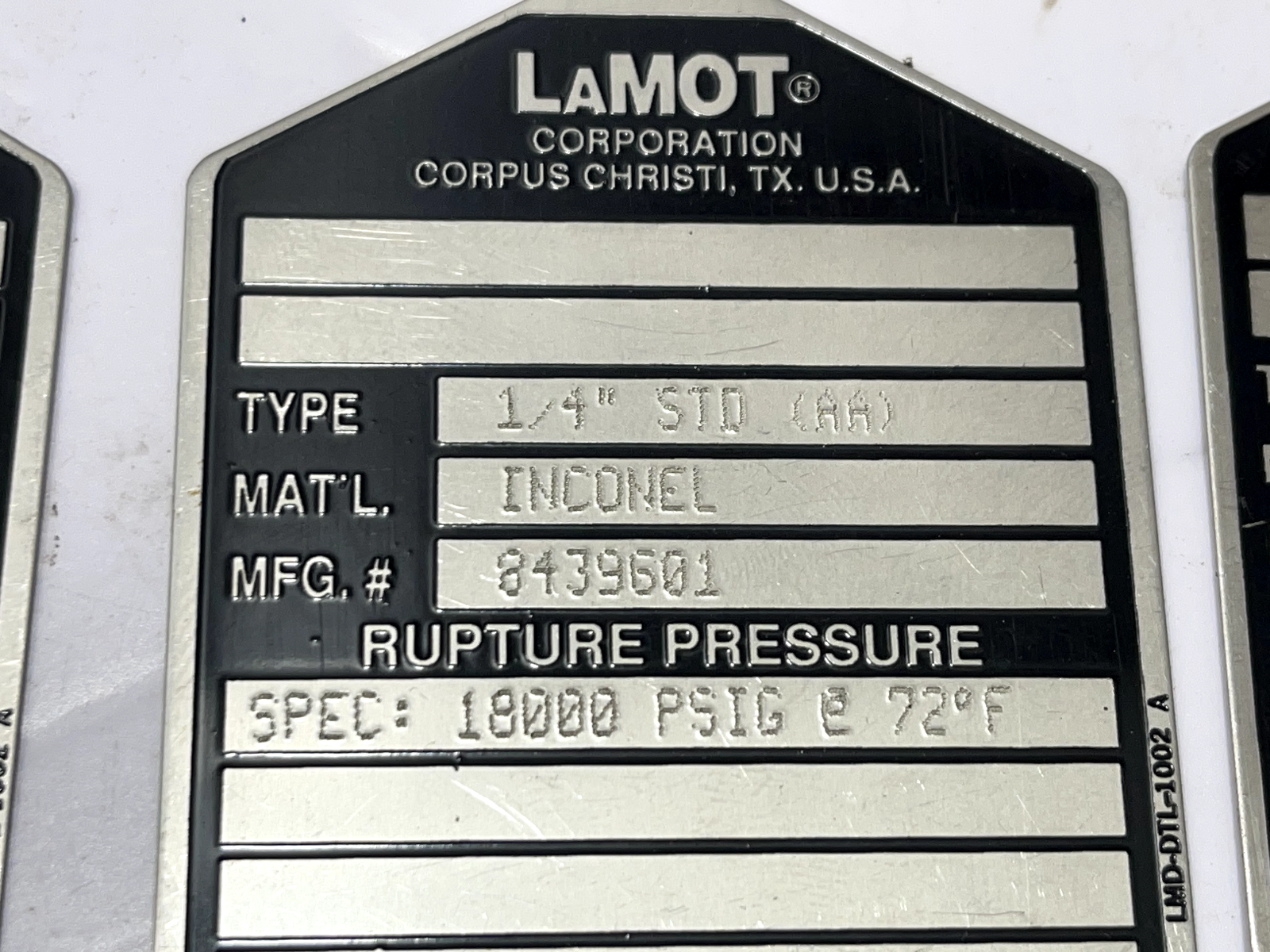 LaMOT Corporation 1/4"STD(AA) Rupture pressure 18000 PSIG 72F 8439601 - Image 5