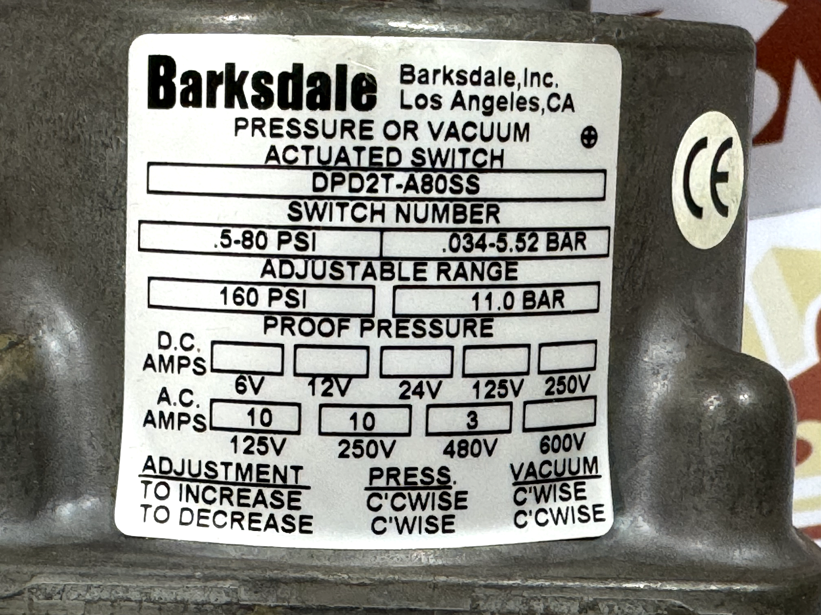 Barksdale DPD2T-A80SS Pressure Switch 5-80 Psi - Image 2