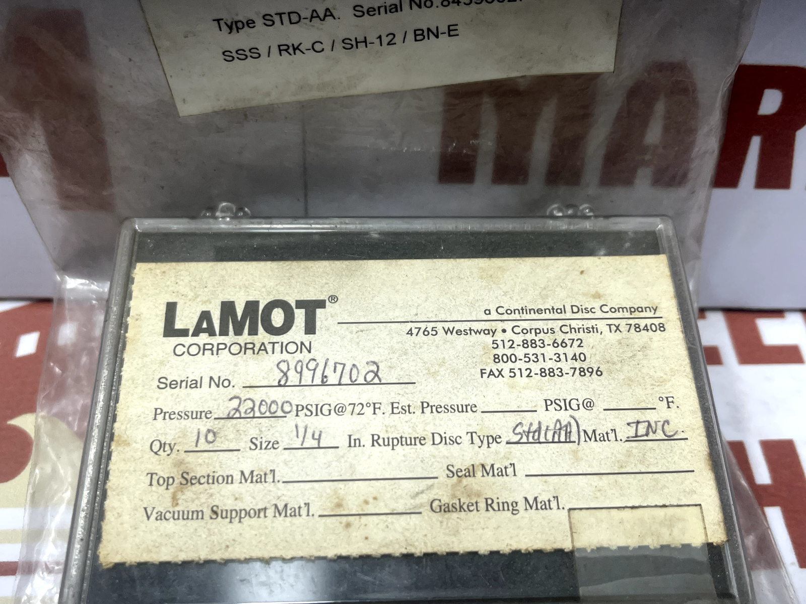 LaMOT Corporation 1/4"STD(AA) Rupture pressure 22000 PSIG 72F 8996702 - Image 3