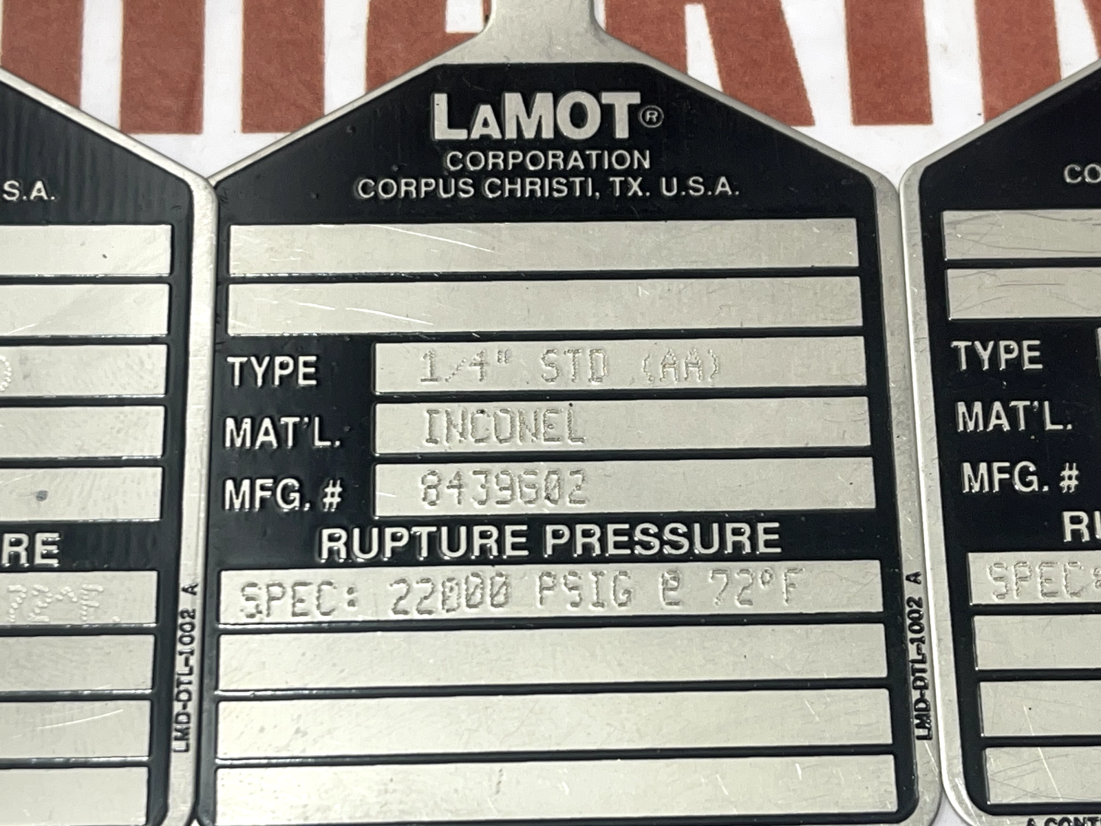 LaMOT Corporation 1/4"STD(AA) Rupture pressure 22000 PSIG 72F 8996702 - Image 5