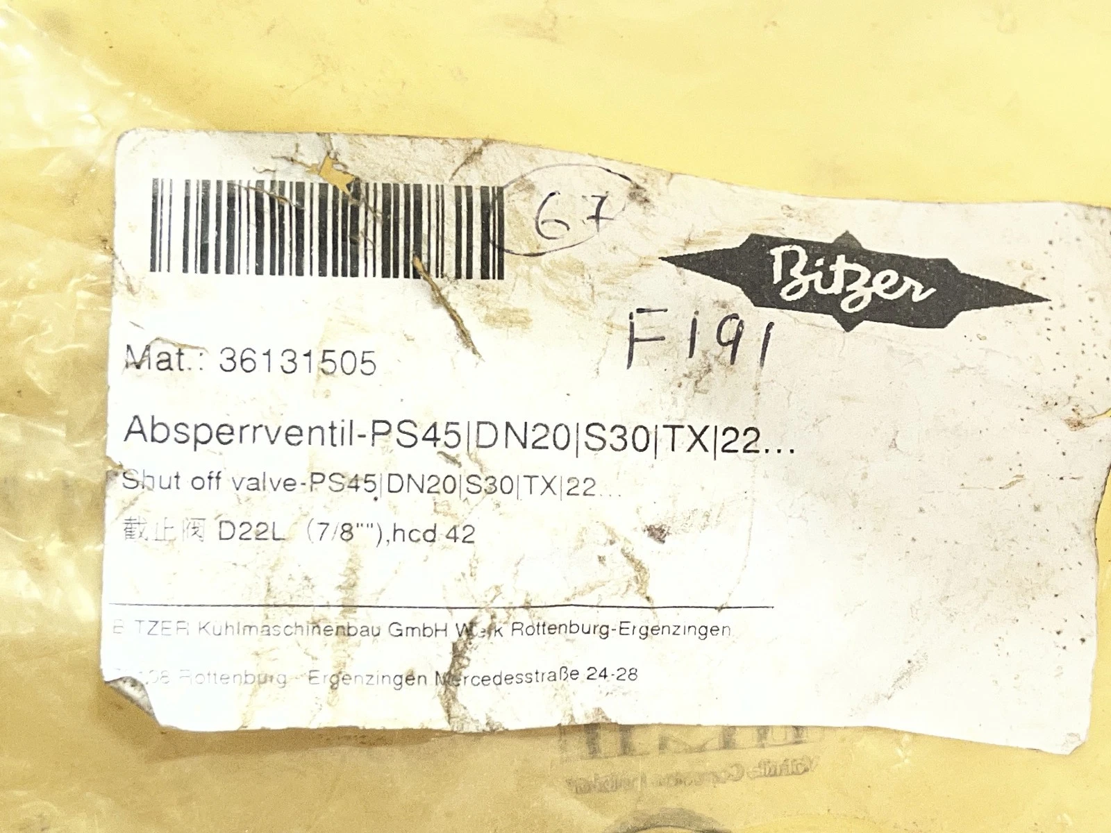 BITZER PS45|DN20|S30|TX|22 Shut off valve